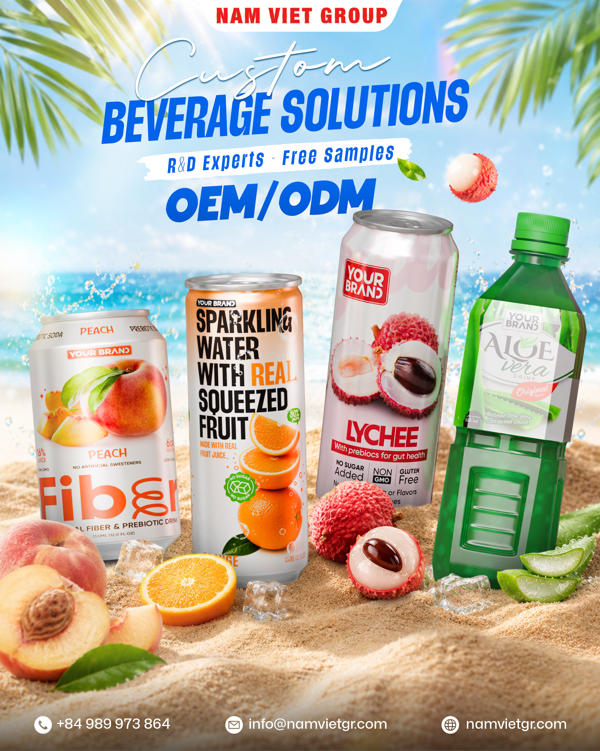 Custom Beverage Solutions export-ready beverage Service Infographic - Nam Viet Group Infographic advertising custom export-ready beverage beverage solutions by Nam Viet Group, featuring various distribution partnership drink cans and bottles including peach prebiotic, sparkling orange, lychee juice, and aloe vera drinks on a beach background.